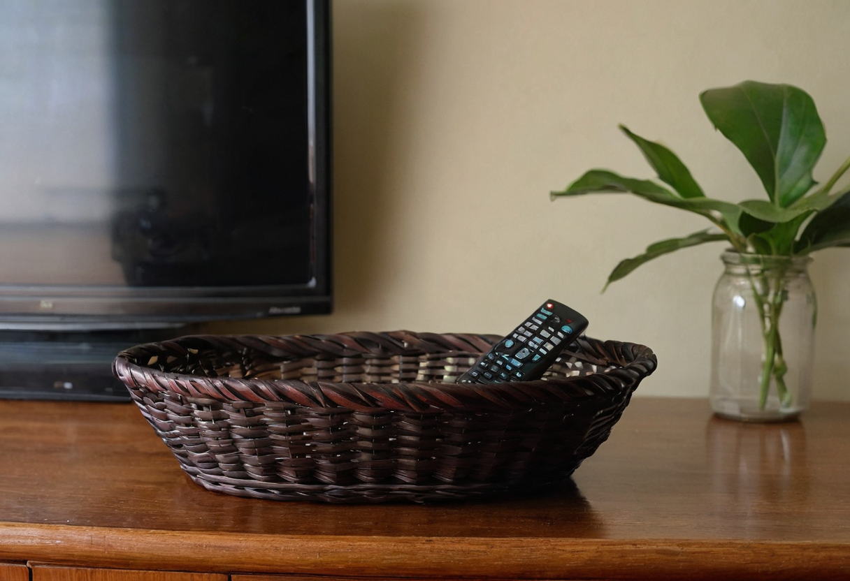 Black remote control resting diagonally in a dark woven basket on a wooden table beside a television and potted leaves.