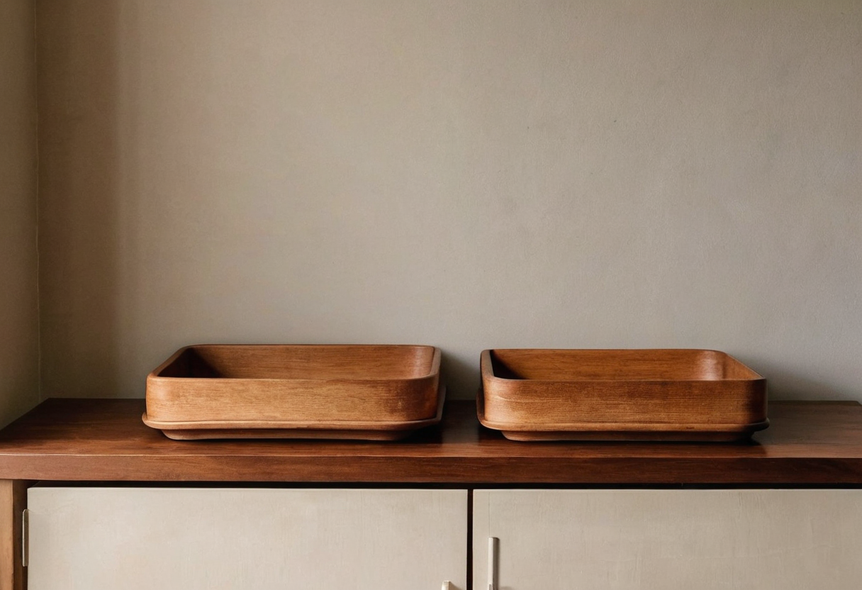 Two empty shallow wooden trays placed side by side on a dark console above light cupboard doors.