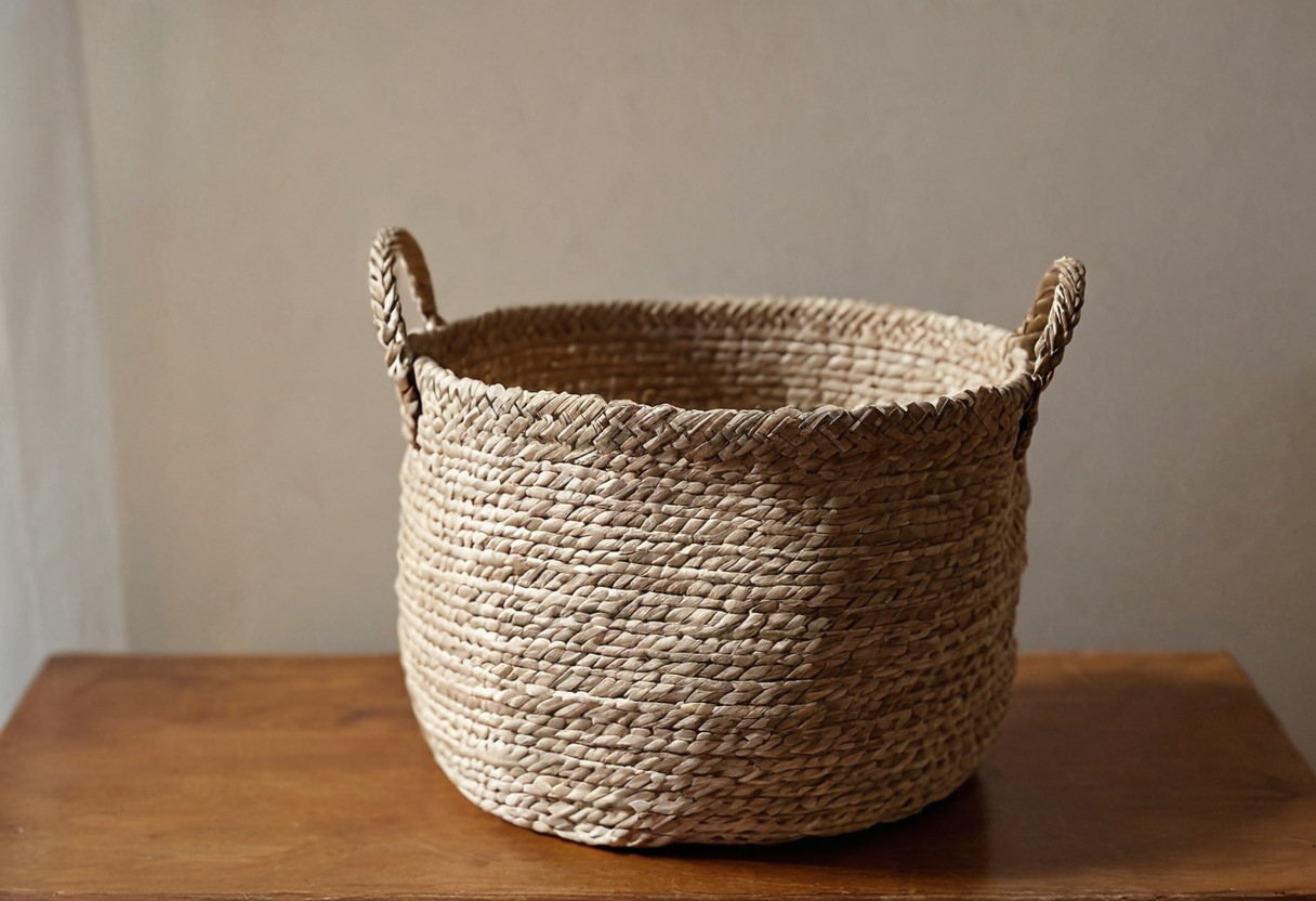 Large pale woven basket with handles resting empty on a wooden surface.