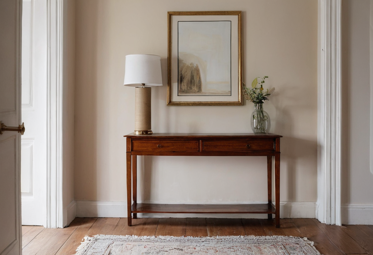 Wooden console with drawers positioned below a framed picture, lamp and vase between two doorways.