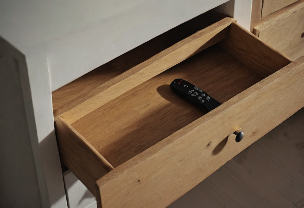 Black remote control lying inside a shallow open wooden drawer.