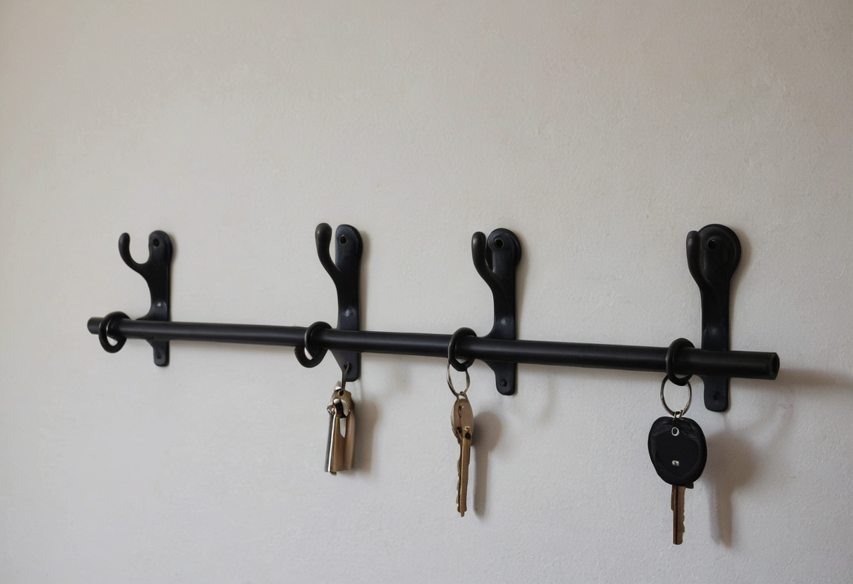 Black metal rail with four upward-facing hooks and three key rings hanging from a horizontal rod on a pale wall.