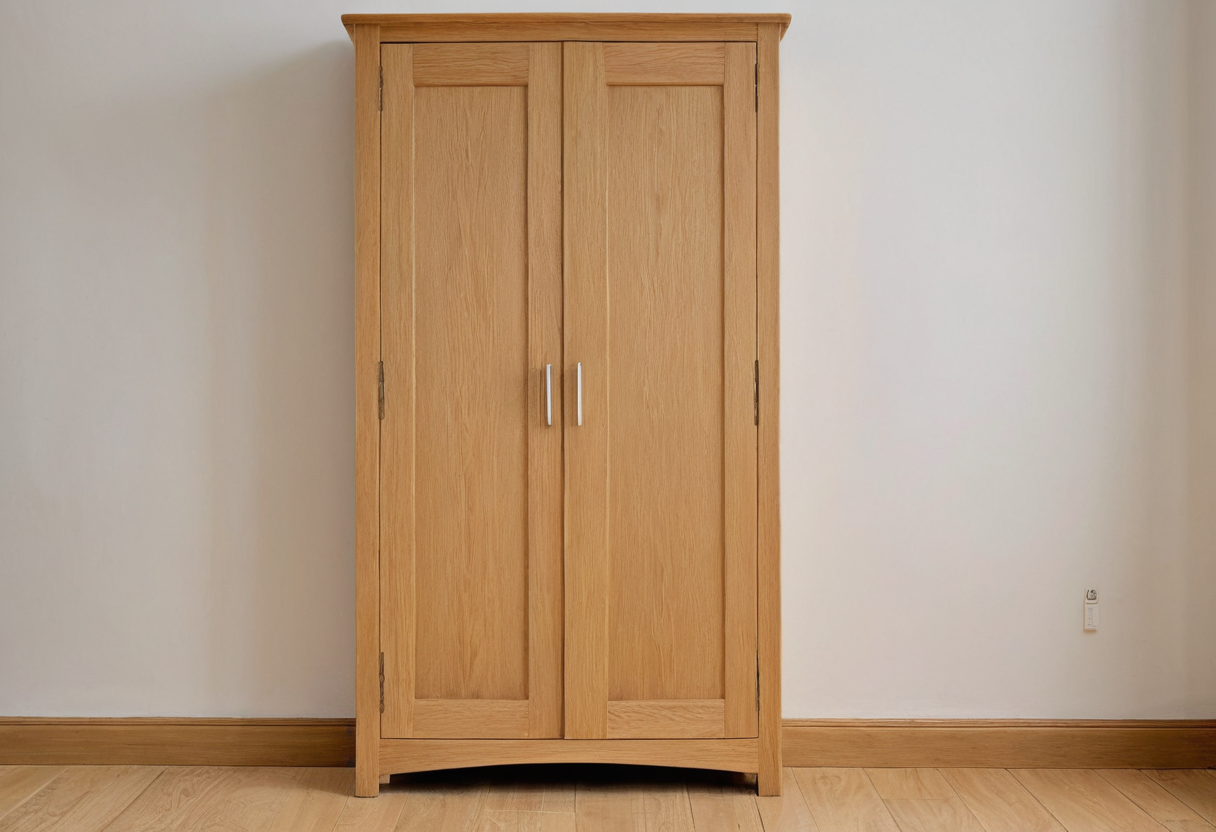 Closed two-door light wood freestanding cupboard with metal handles against a pale wall.