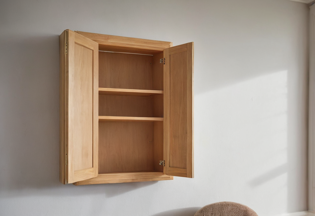 Open wall-mounted light wood cabinet with two doors revealing empty shelves and inner door panels.