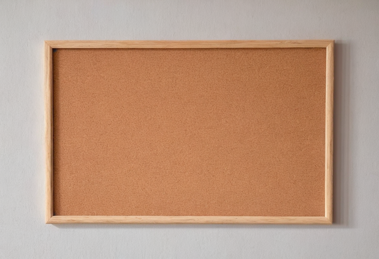 Blank rectangular cork notice board with a light wooden frame mounted on a pale wall.