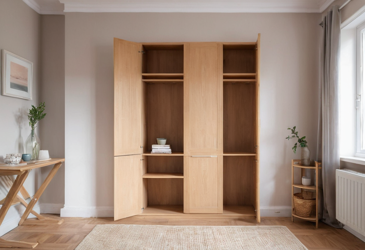 Tall light wood cupboard with partly open doors, mostly empty compartments, a small stack of books and a bowl in the centre, side tables and a window visible.