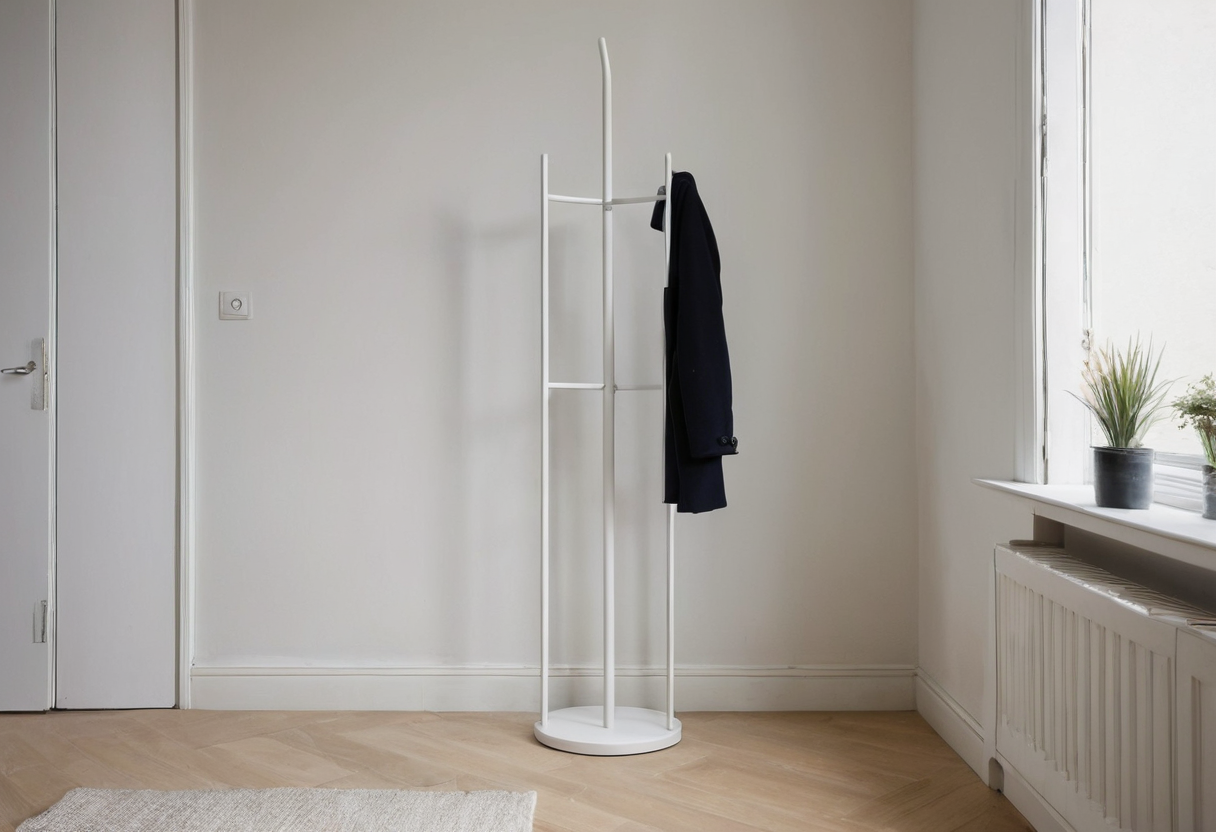 White freestanding coat stand with a dark coat hanging from it in a bright room beside a window.