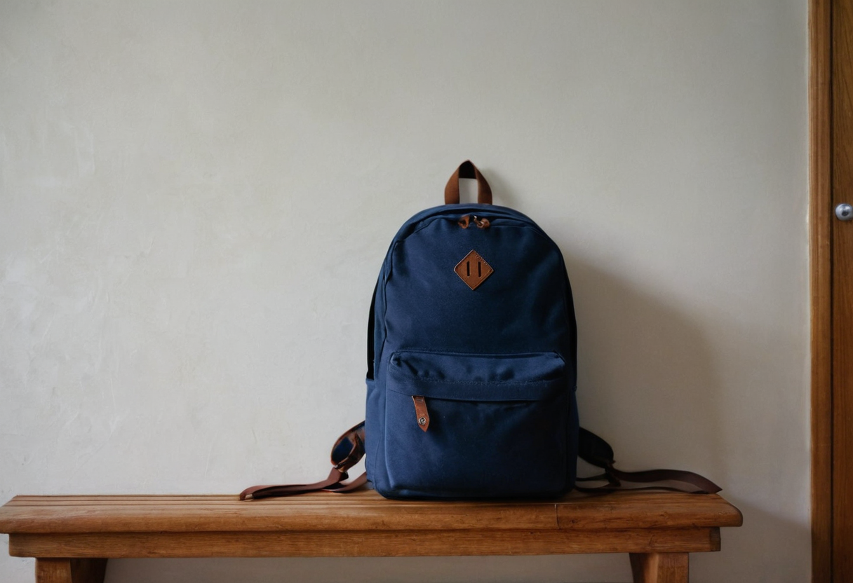 Dark blue backpack with a plain diamond-shaped patch resting on a wooden bench.