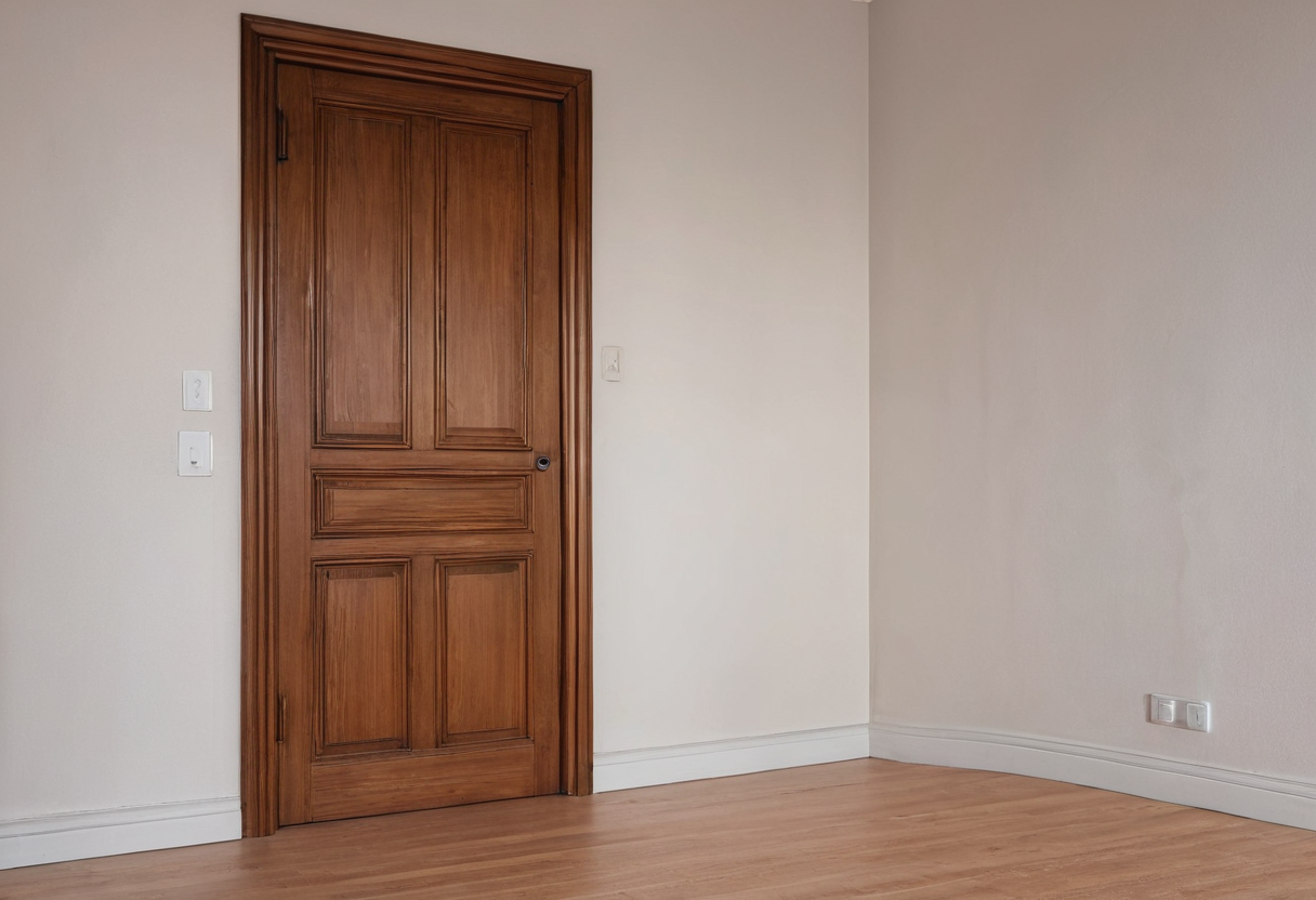Empty corner with pale walls, a light wooden floor and a closed wooden door.