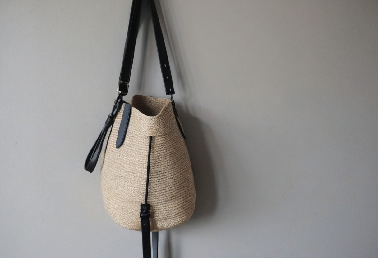 Woven pale bag with dark straps hanging against a light-coloured wall.