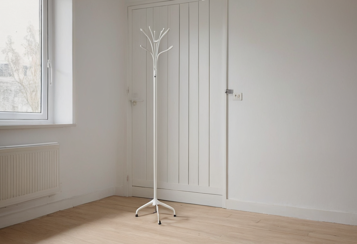 White freestanding coat stand with tripod feet in front of a closed white door, clear floor and a nearby window.