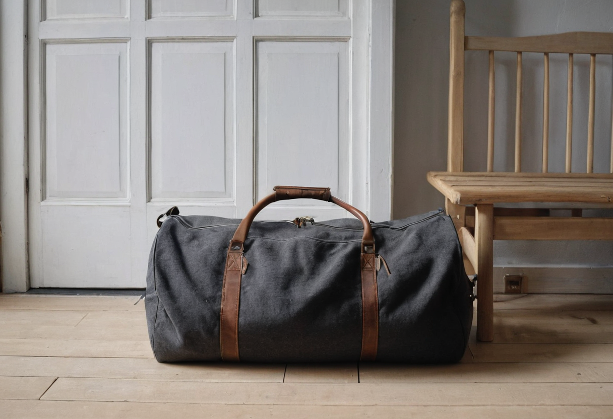 Charcoal duffel bag with brown handles on a pale floor beside a wooden bench and white doors.