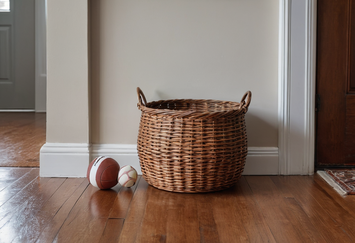 Two sports balls, one brown and white and one white with stitching, on a wooden floor beside a large empty woven basket.