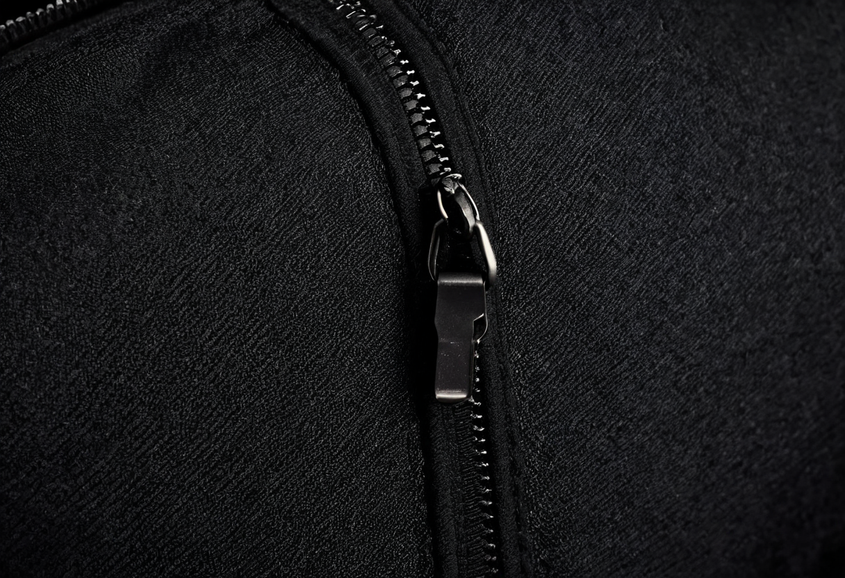 Close-up of dark fabric and a closed black zipper with a metal pull tab.