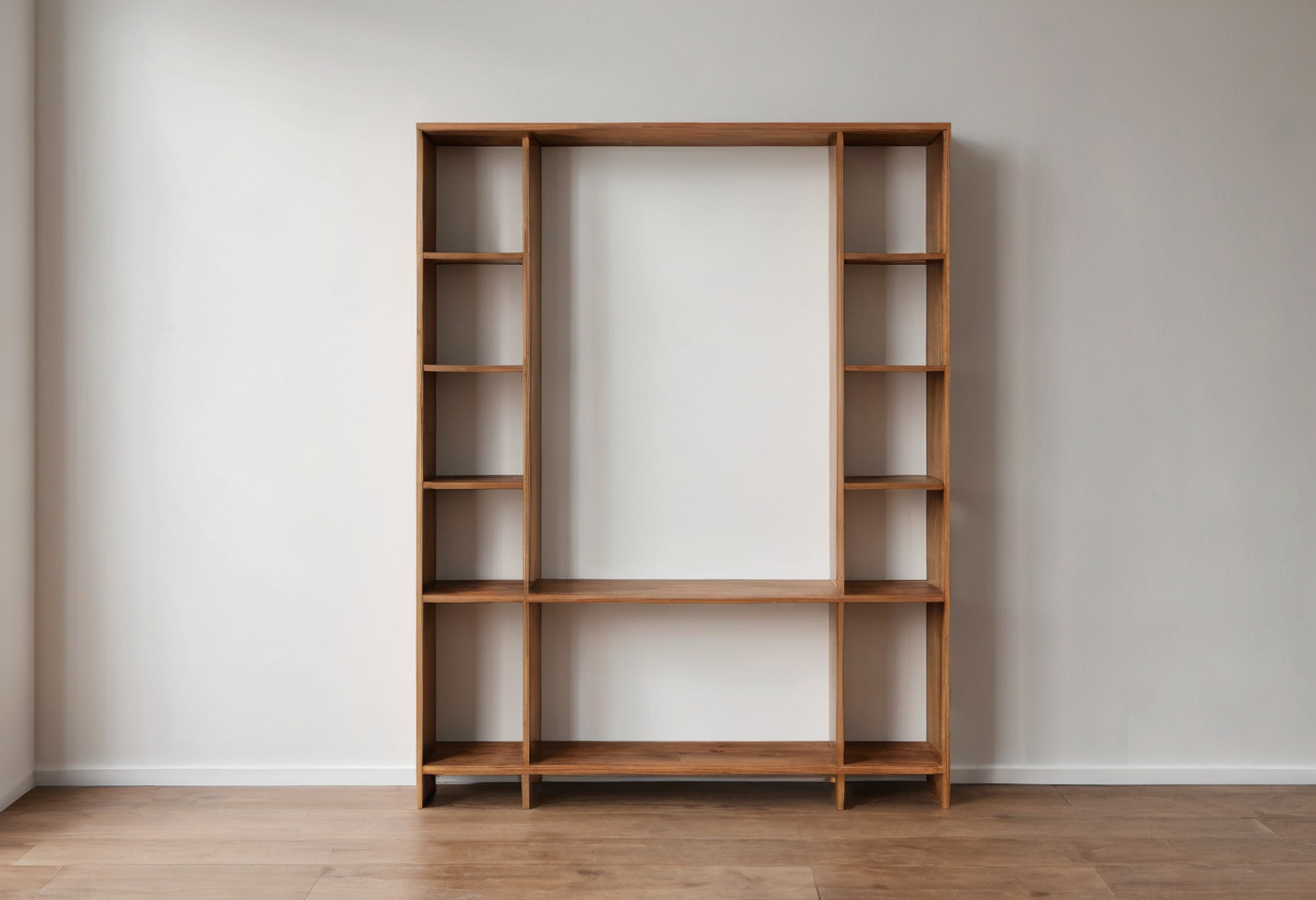 Open wooden shelving unit with multiple empty cubbies against a pale wall.