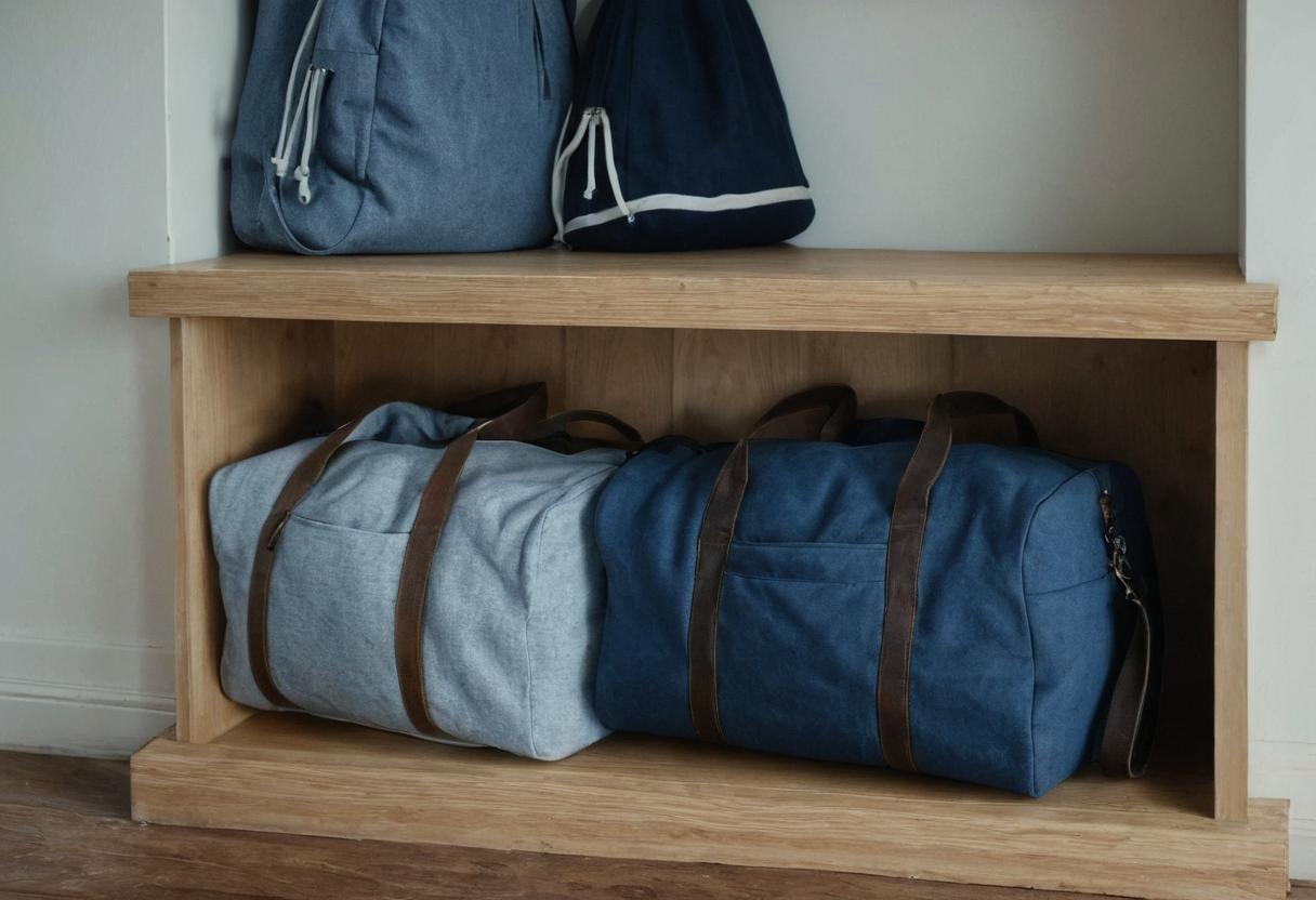 Two large blue duffel bags side by side in one lower shelf compartment, with other soft bags partly visible on an upper shelf.