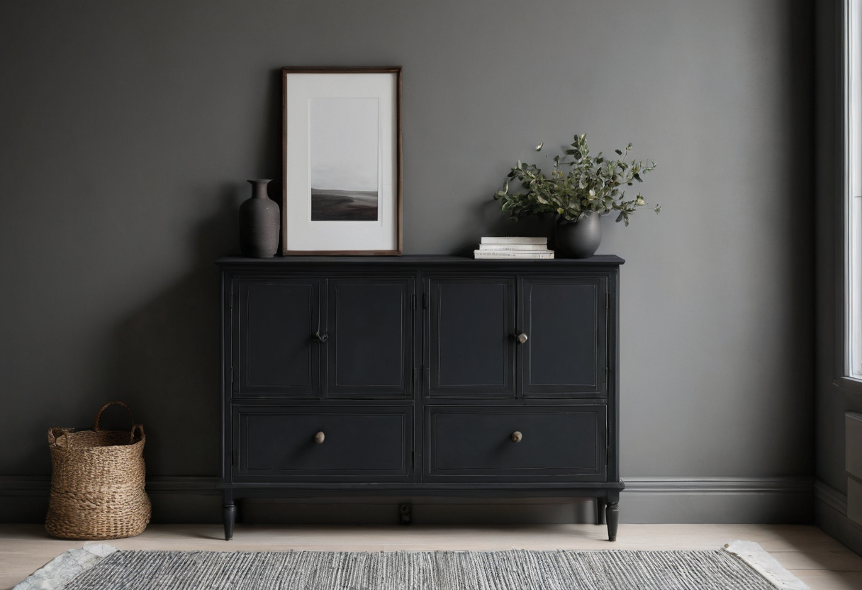 Freestanding dark cabinet against a dark wall with four upper closed doors and two lower drawers. Framed art, potted stems and a basket sit nearby.
