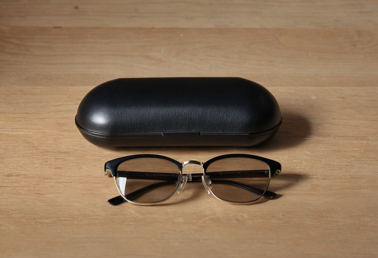 Closed black hard glasses case with clear-lens spectacles resting in front on a wooden table.