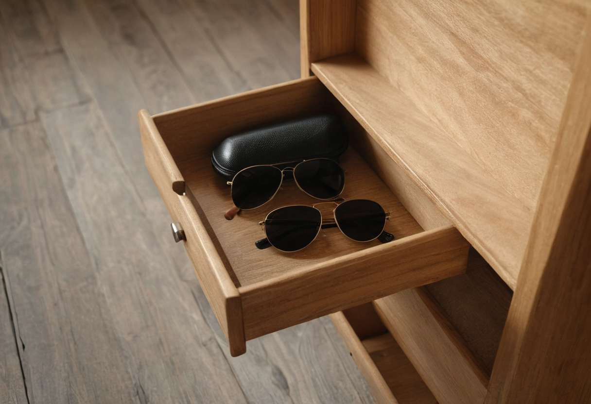 Open wooden drawer containing one closed black hard case and two pairs of dark-lens sunglasses.