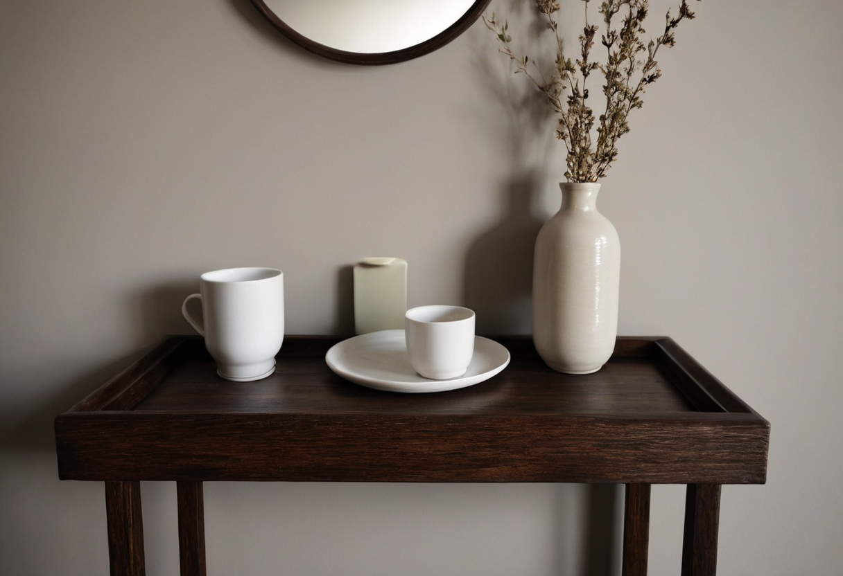 Dark console table holding a white mug, a small white cup and saucer, a plain pale container and a tall vase of dried stems.