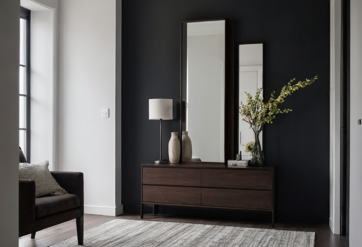 Dark low cabinet with four closed drawers positioned below two tall mirrors, with a vase, lamp and chair nearby.