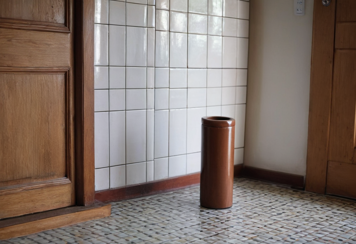A single empty brown cylindrical floor container positioned beside a door on a tiled floor.