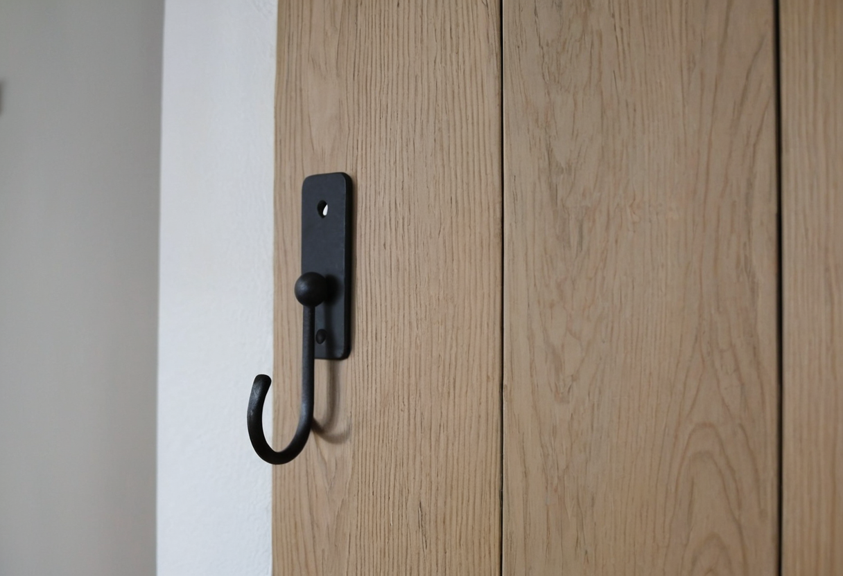 An empty black metal wall hook mounted on a light wood panel.