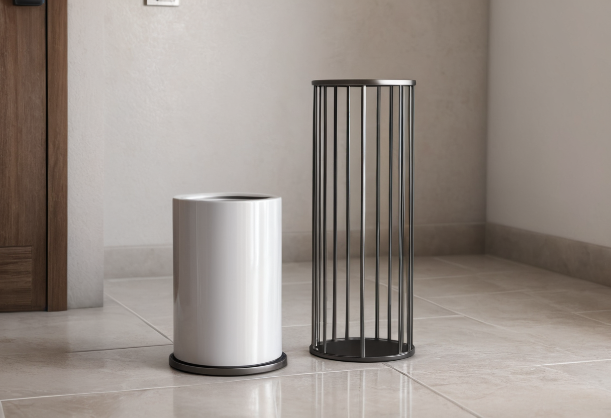 Two empty containers on pale tiles: one white solid cylinder and one black open wire cylinder.