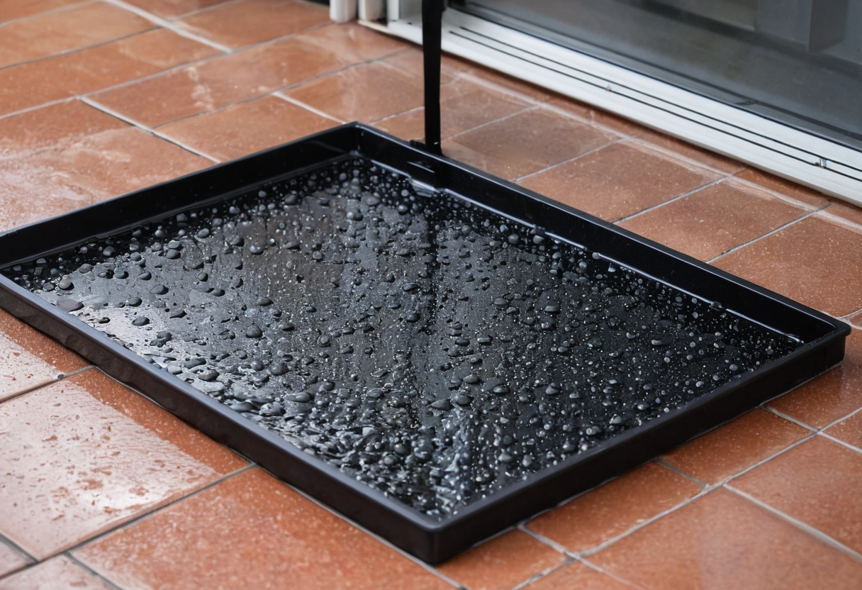 A shallow rectangular black tray containing visible water droplets resting on terracotta tiles near a doorway.