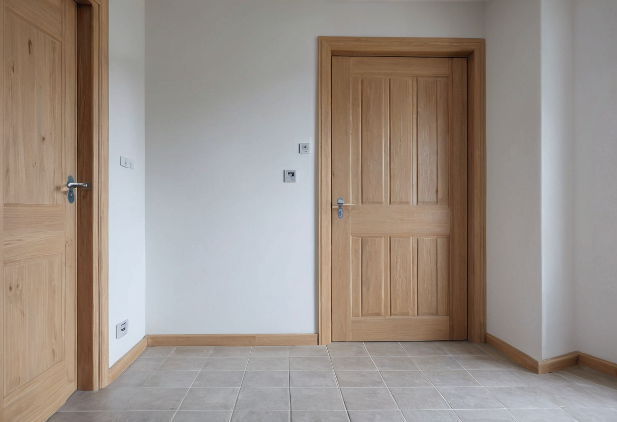 A plain tiled hallway featuring closed timber doors and an unobstructed floor.